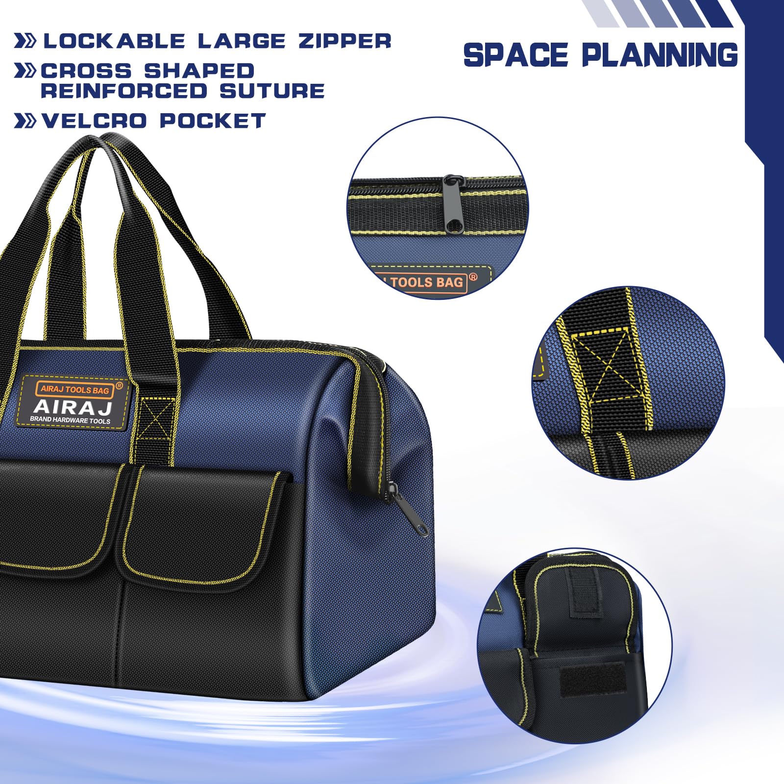 AIRAJ tool bag outer pockets help separate fasteners and small tools.