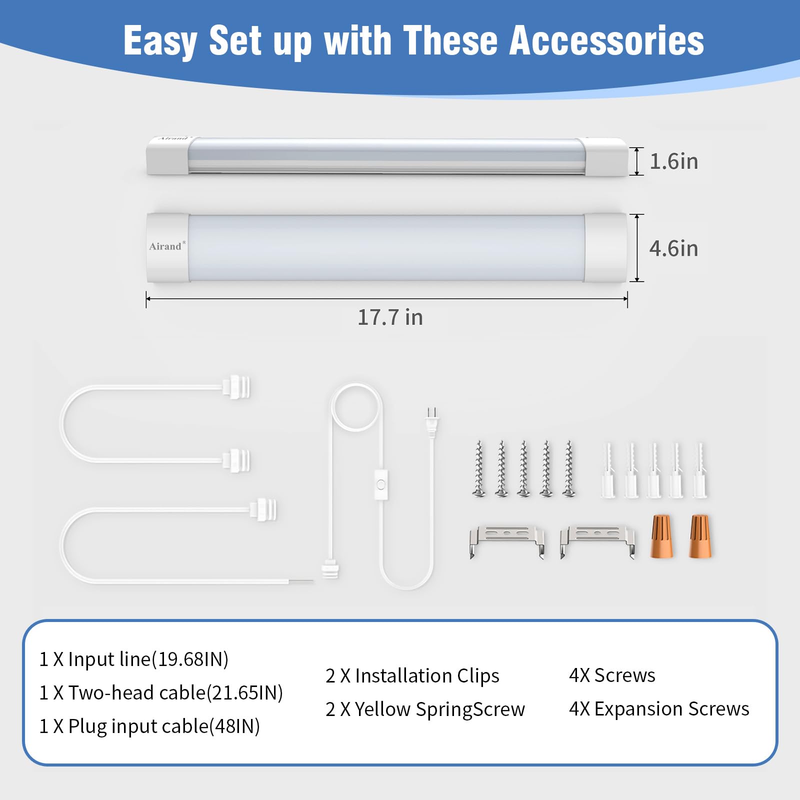 Airand versatile mounting for wall or ceiling in closets, cabinets, and workbenches.