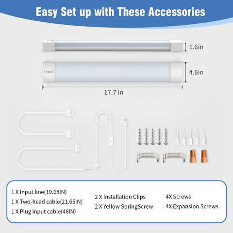 Airand versatile mounting for wall or ceiling in closets, cabinets, and workbenches.