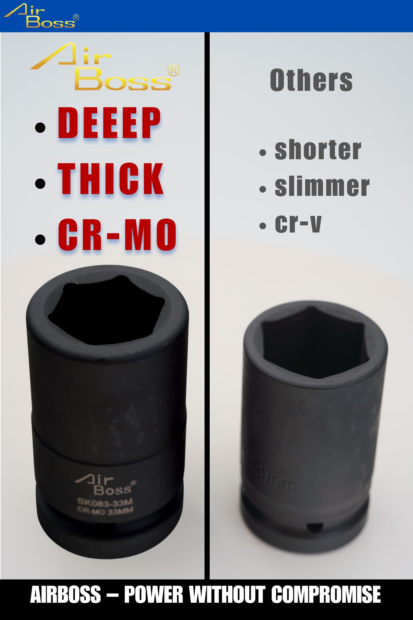 AirBoss deep impact design optimizes reach in wheel and lug applications.