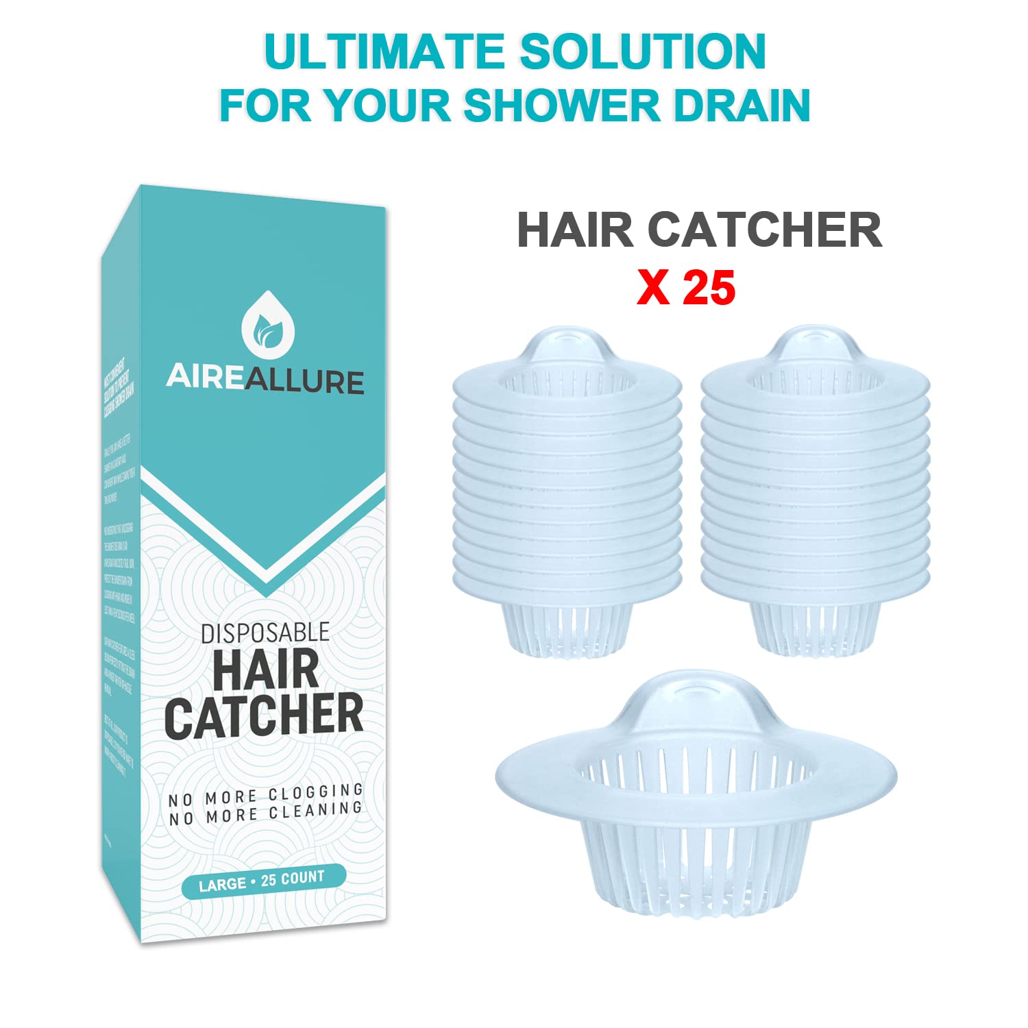 Aire Allure large white hair catcher for tub keeps drains clear.