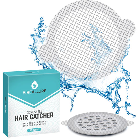 Aire Allure peel-and-stick drain hair catcher applied to a shower drain for clog prevention