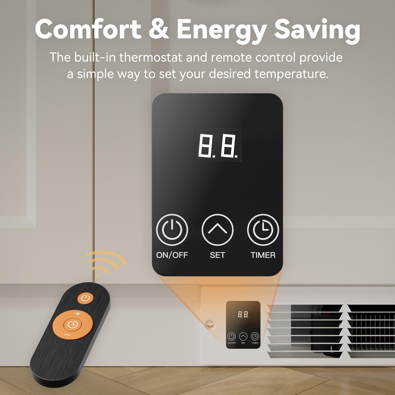 AIREPUSH compact kickspace heater ideal for vanities and stairs.