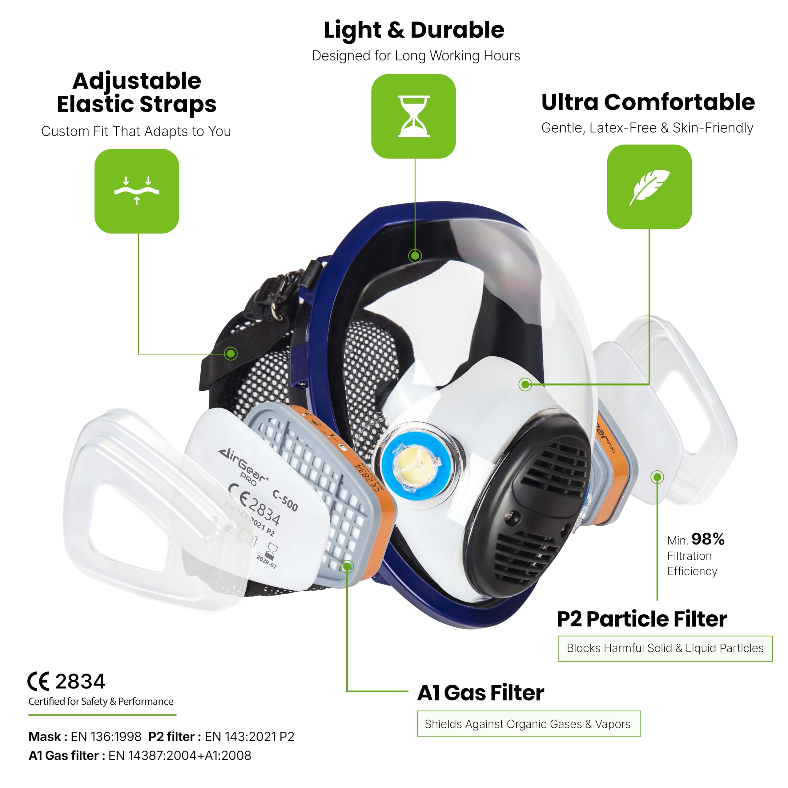 AirGearPro G-750 A1P2 filter cartridges for gases and particles.