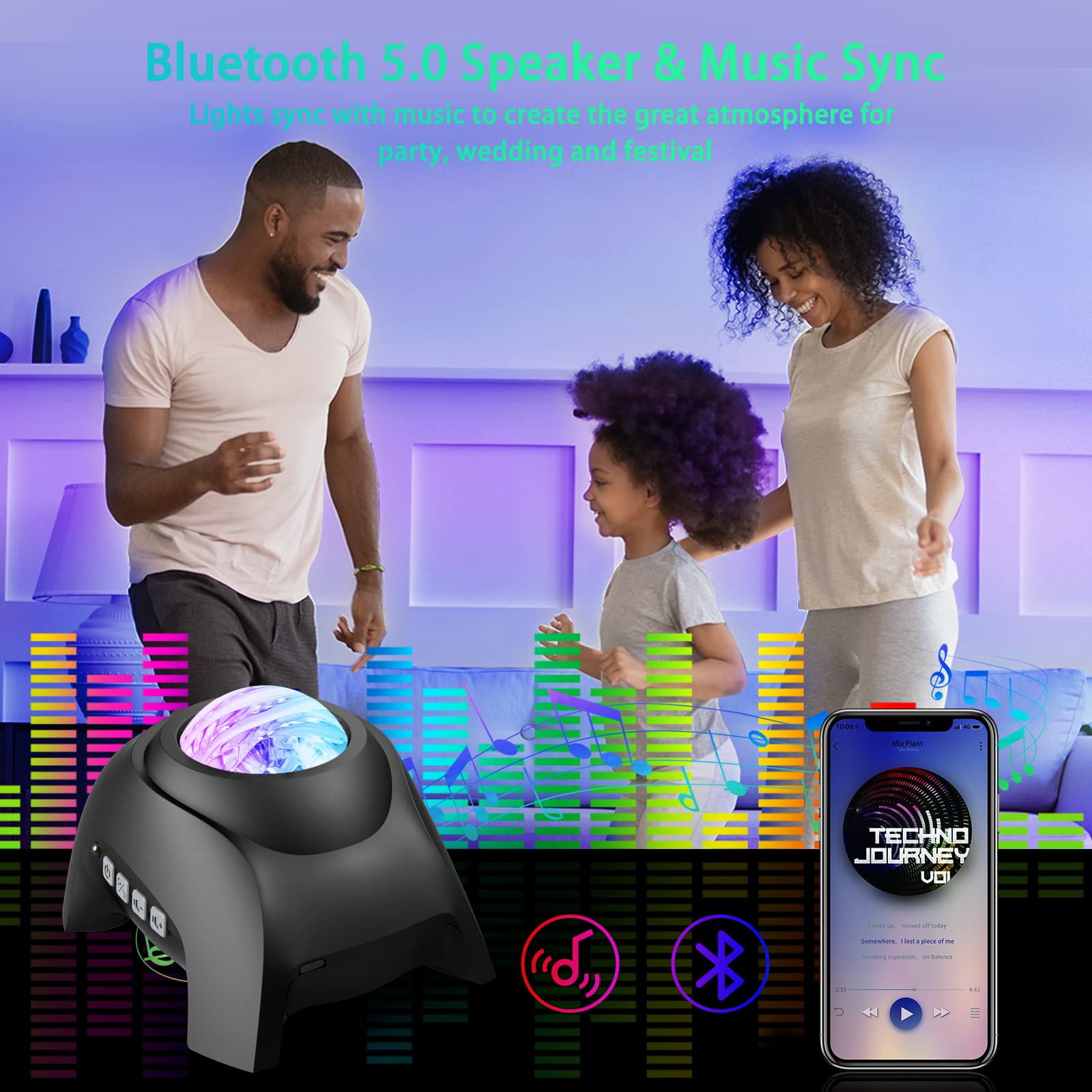 Airivo Star Projector pairs with Bluetooth speaker for music synced lights.