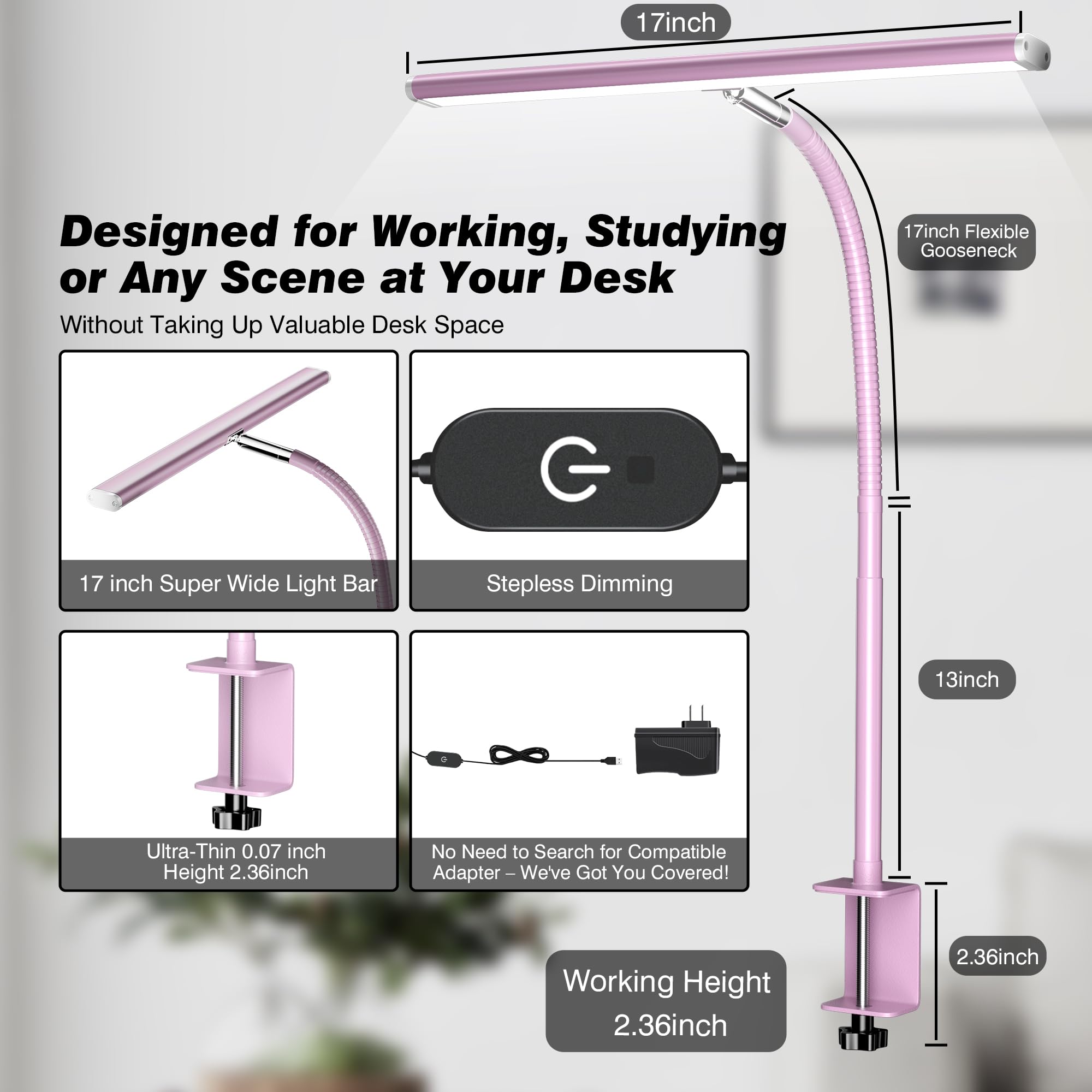 Airlonv lamp clamp secures to desks up to 2.36 inches thick.