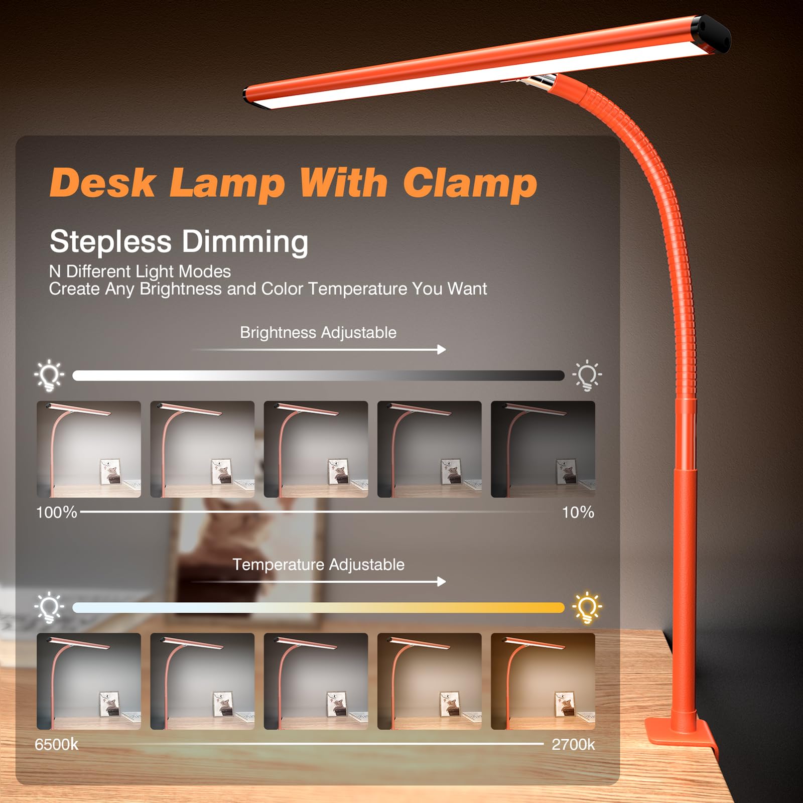 Airlonv desk lamp stepless dimming close-up showing color temperature control.