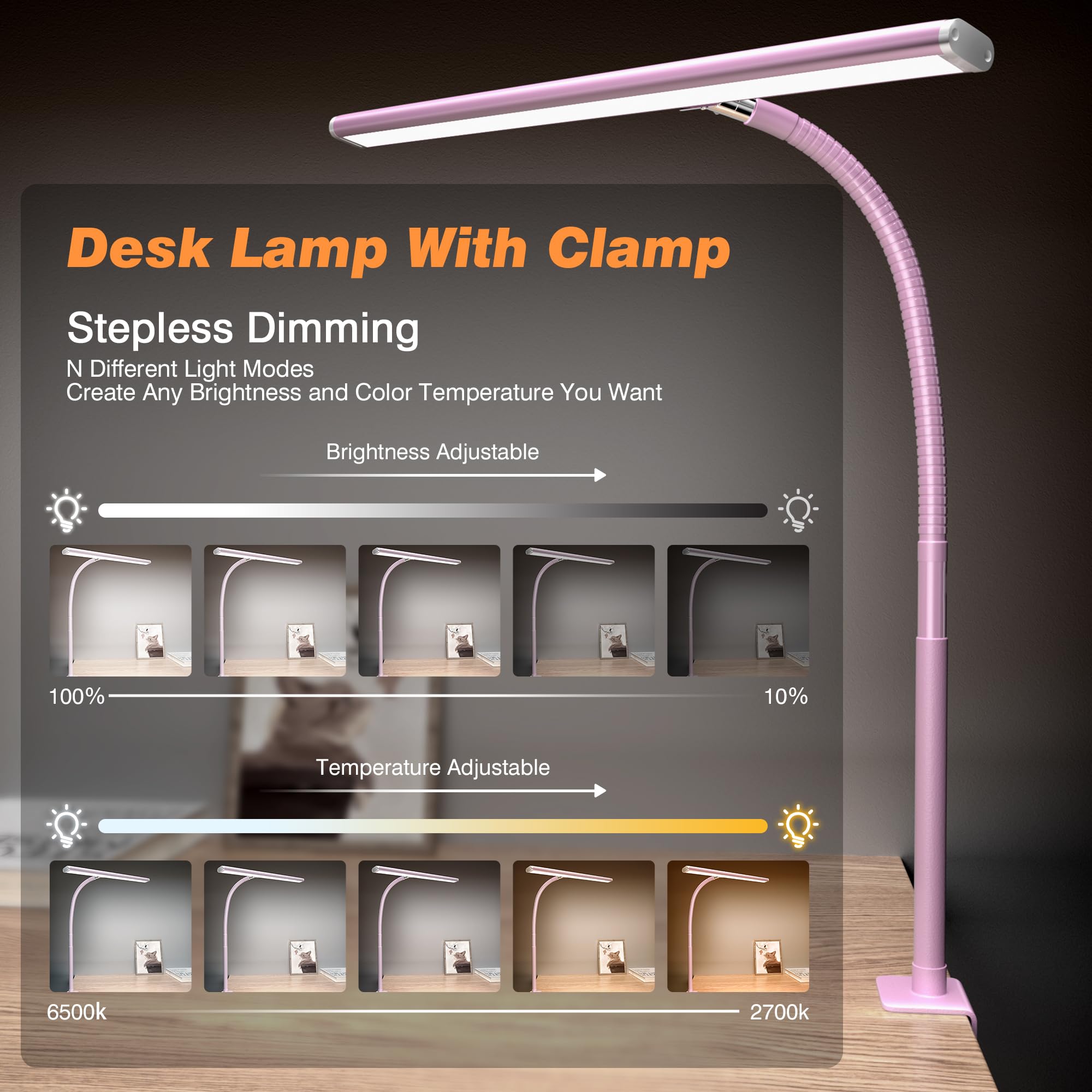 Airlonv desk lamp's 360-degree gooseneck enables flexible light direction.