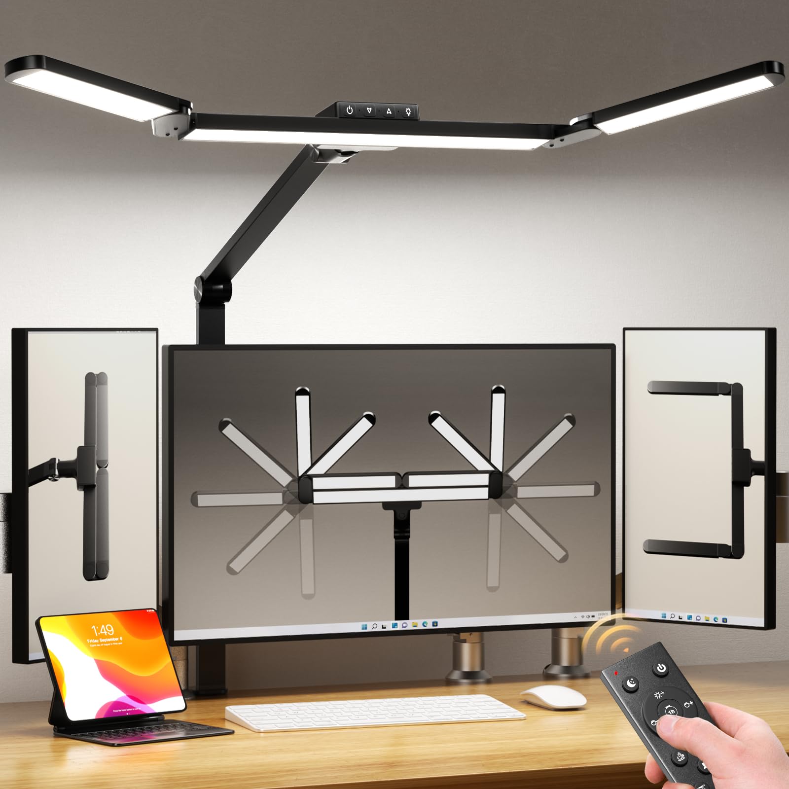 Airlonv LED desk lamp with clamp showing three heads for wide coverage.