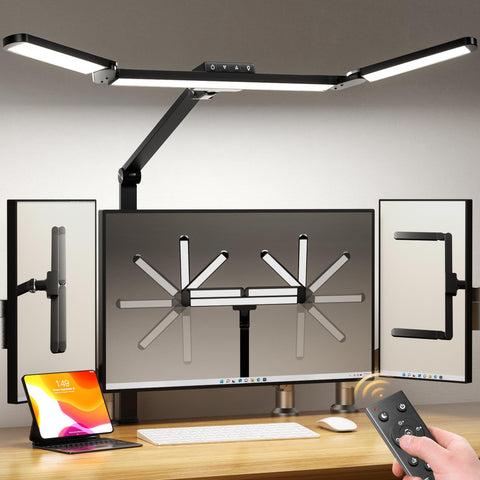 Airlonv LED desk lamp with clamp showing three heads for wide coverage.