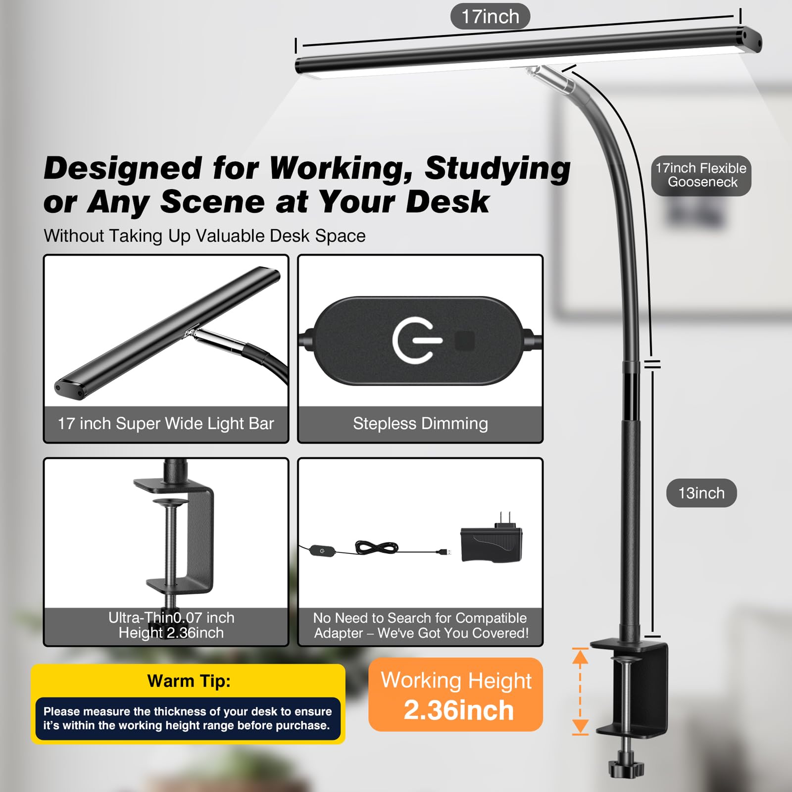 Airlonv clamp design attaches securely to desks up to 2.36 inches thick