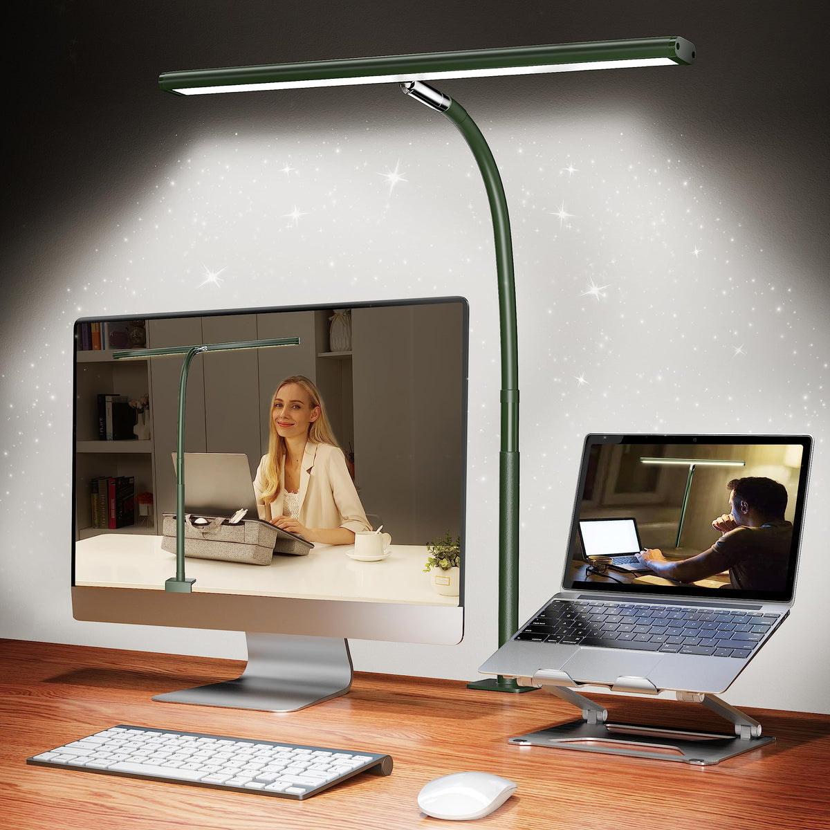 Airlonv LED desk lamp, green side view, bright task lighting for focused reading