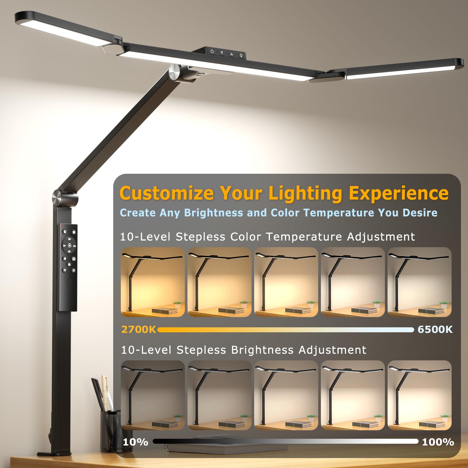 Airlonv three-head spread illuminates large desk area.