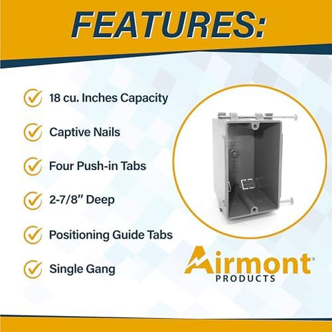 Airmont 18 cu in plastic box supports multiple conductors