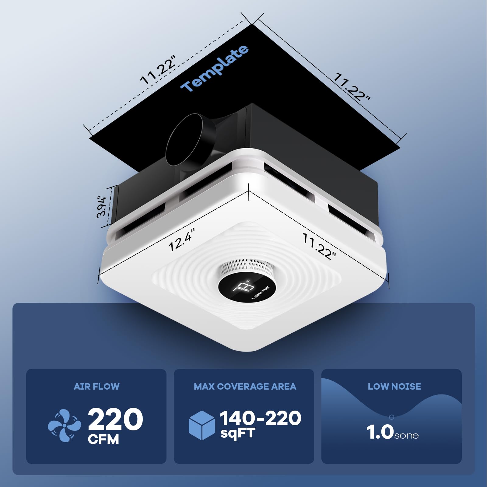 Airnatux 1.0 sone quiet operation for peaceful bathroom use.