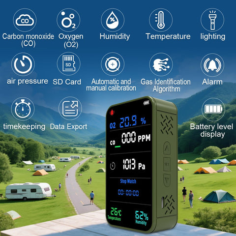 AIRNERGY battery-powered CO detector with portable design ideal for car and camping.