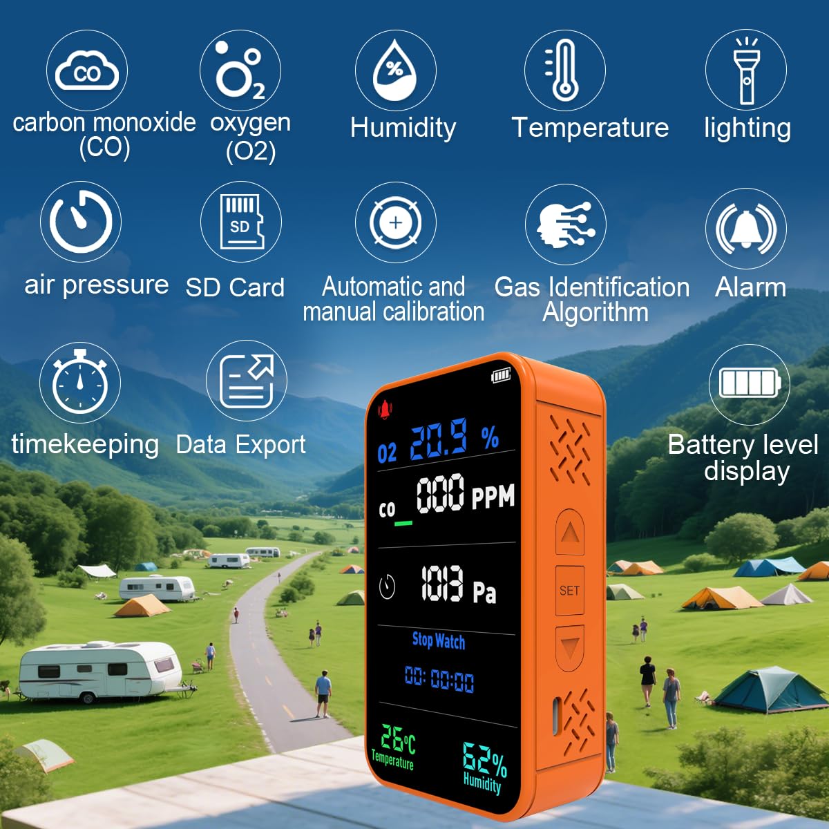 Airnergy battery-powered CO detector for on-the-go safety and convenience.
