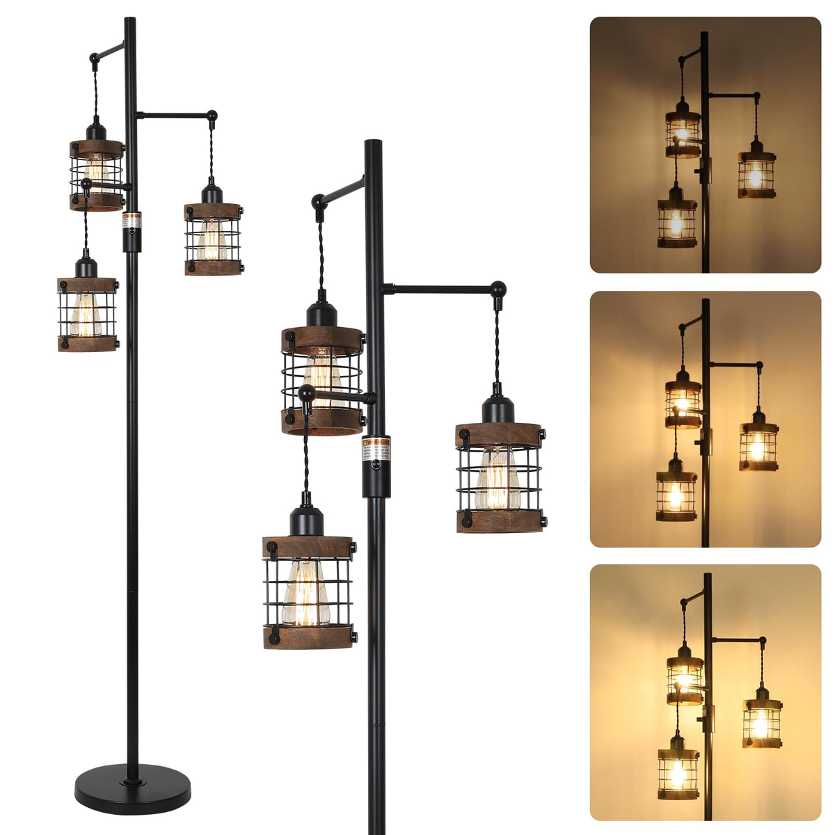 Airposta dimmable floor lamp with wood and metal cage for warm living room ambience