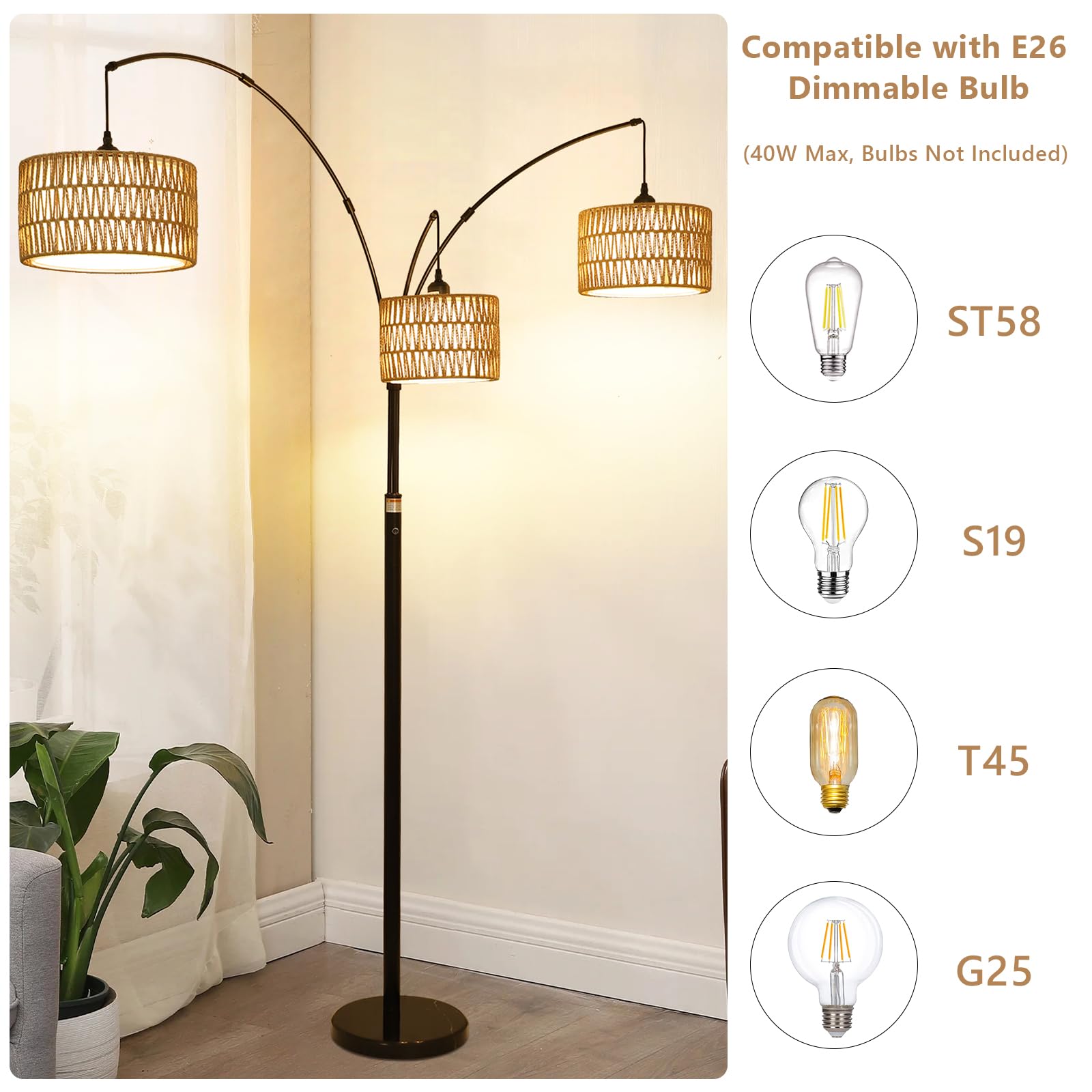 Airposta 80-inch arc lamp height provides broad coverage in living spaces.