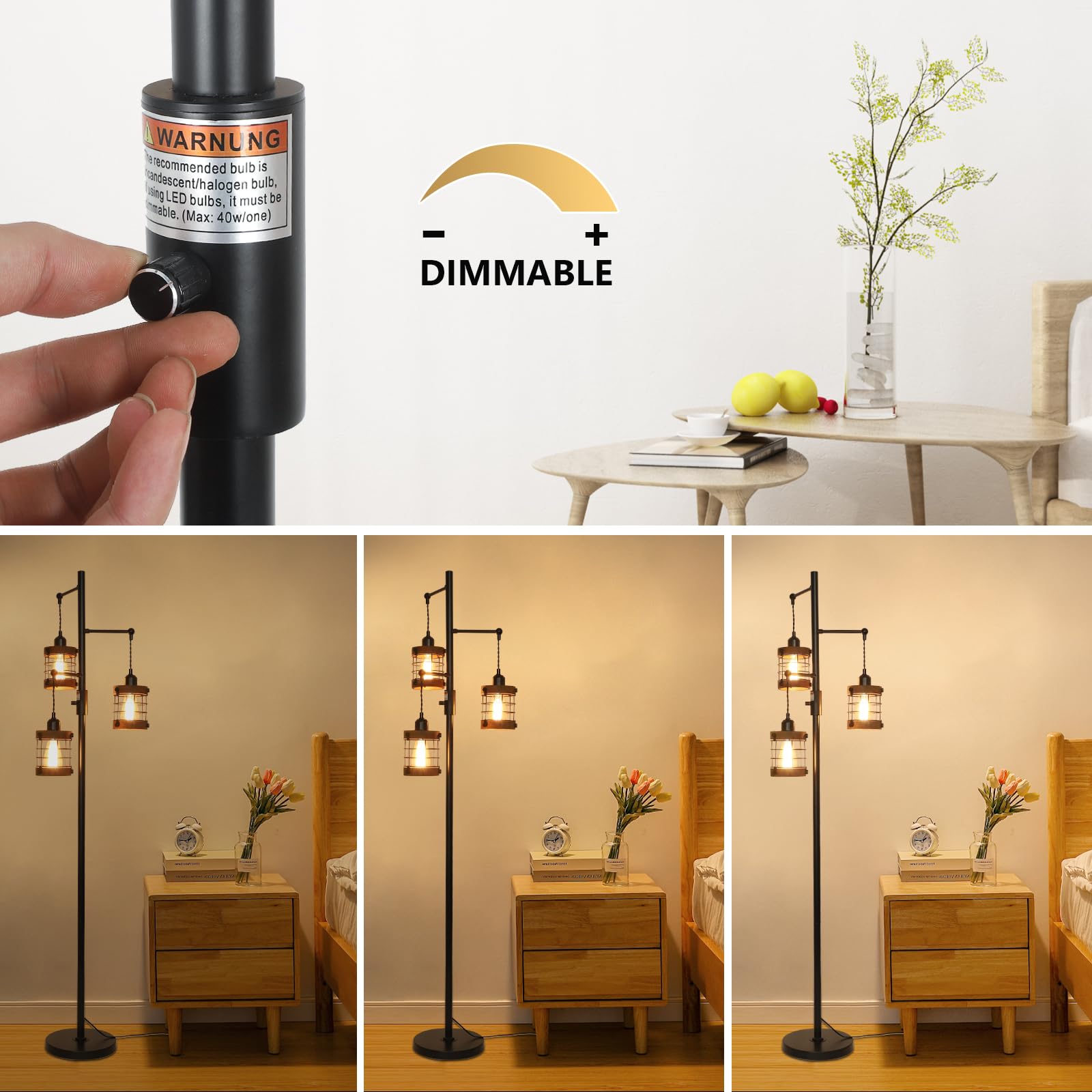 Airposta industrial 3-light floor lamp provides flexible brightness for reading
