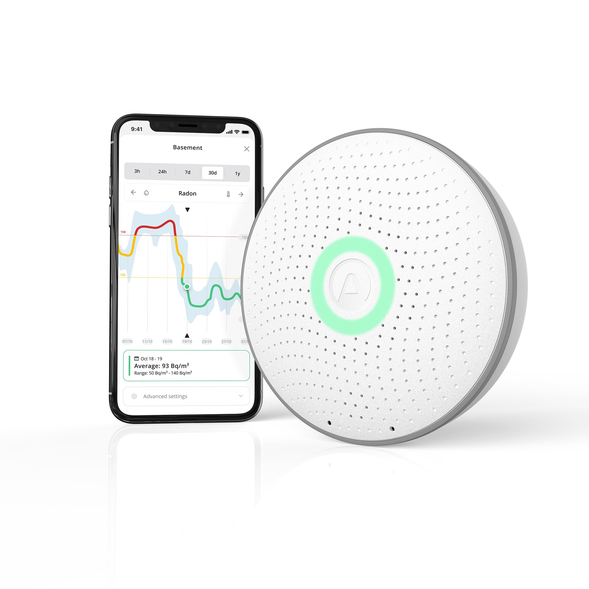 Airthings 2950 Wave Radon device displaying live readings in the Airthings app.