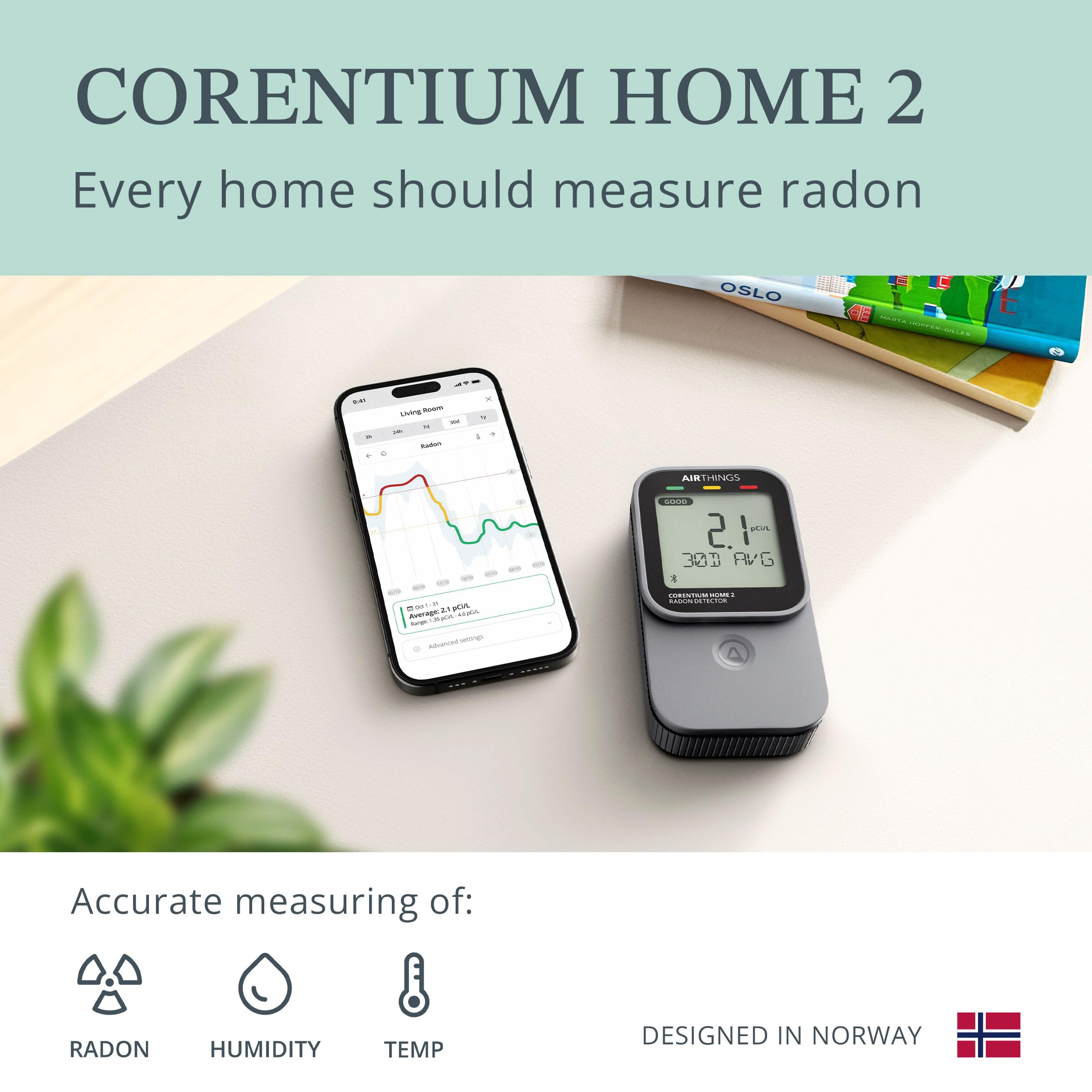 Airthings Corentium Home 2 bluetooth connectivity showing app syncing.