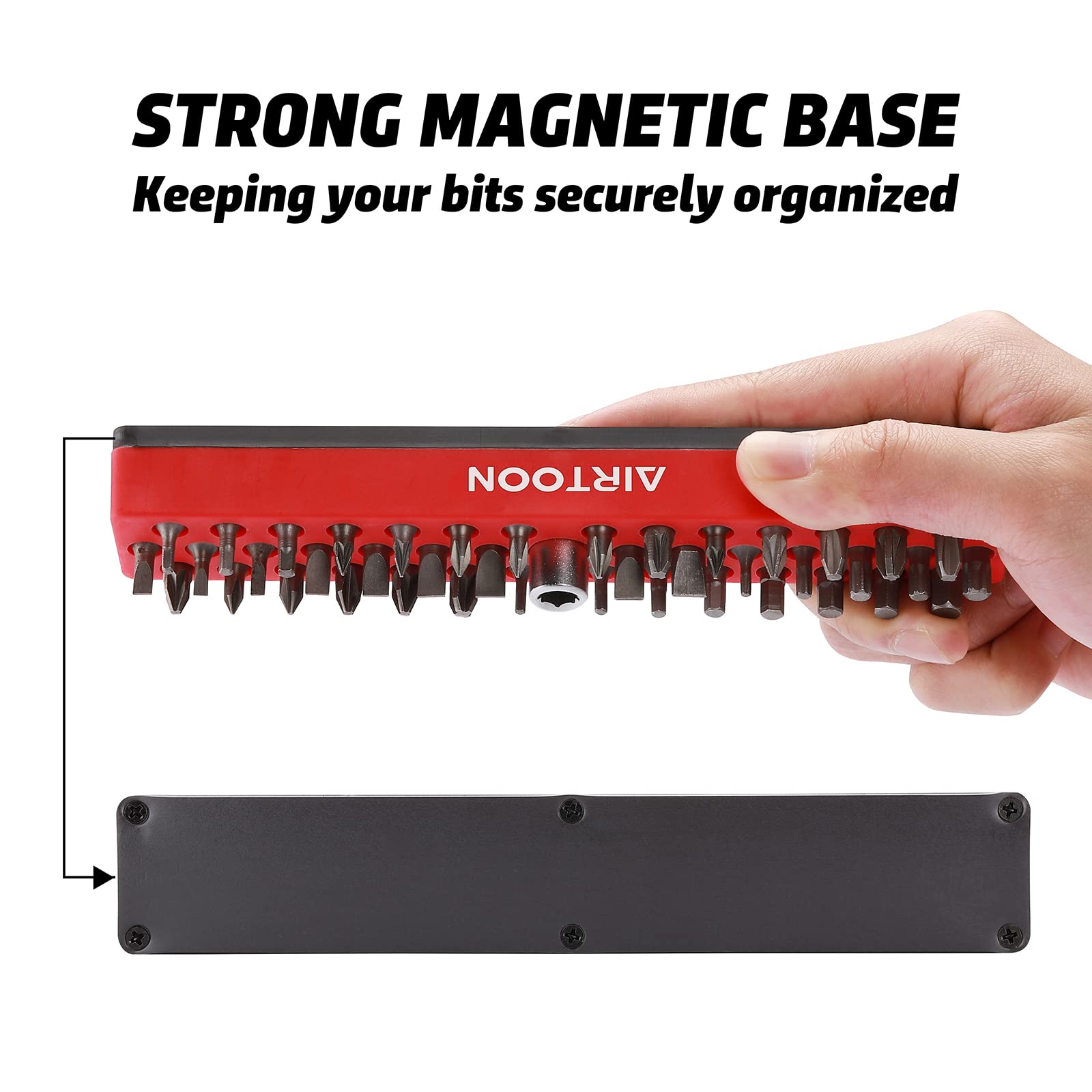 AIRTOON strong magnetic base secures bits during transport and use.