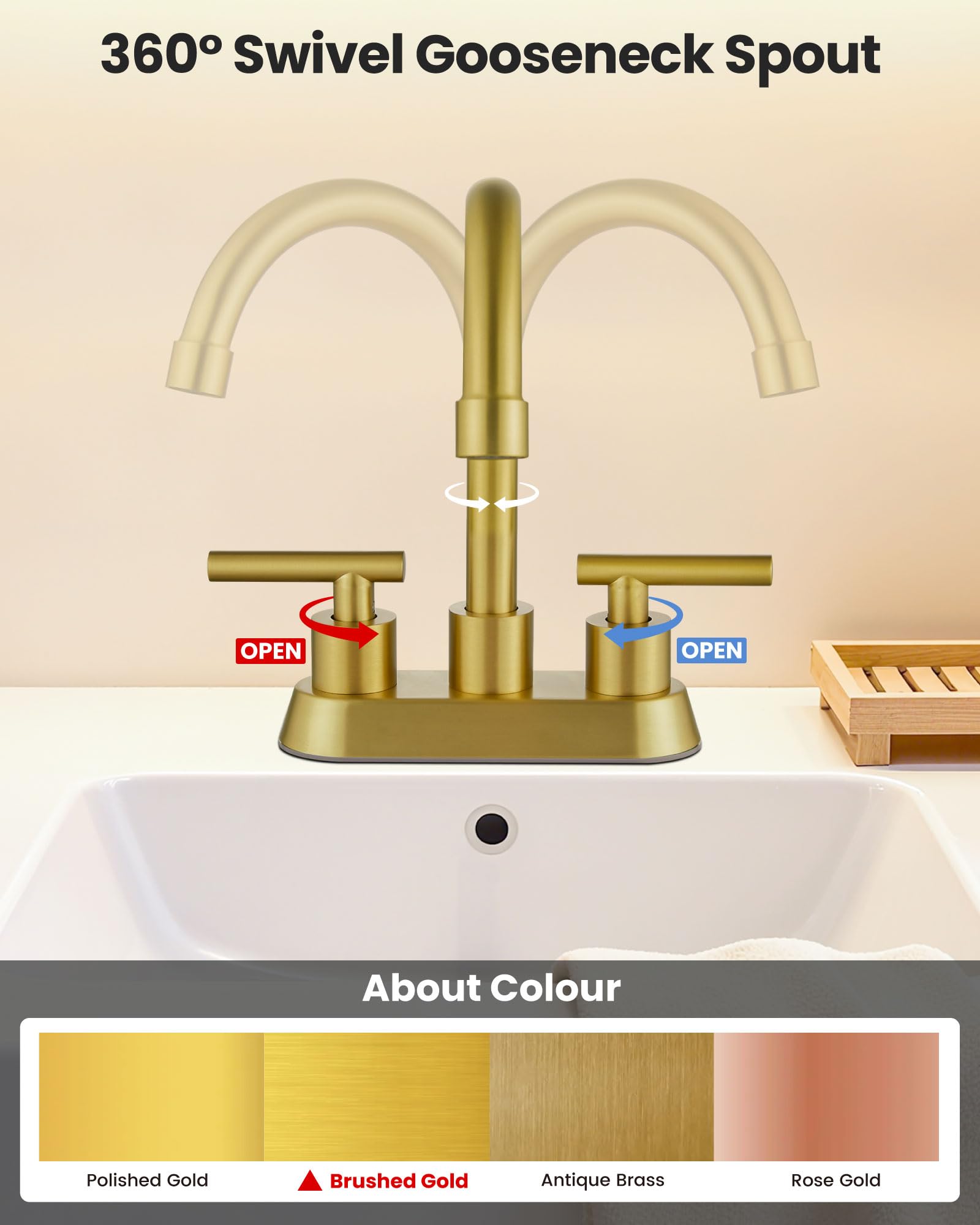 Airuida brushed gold two-handle faucet close-up showing precise hot and cold control.