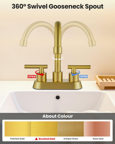 Airuida brushed gold two-handle faucet close-up showing precise hot and cold control.