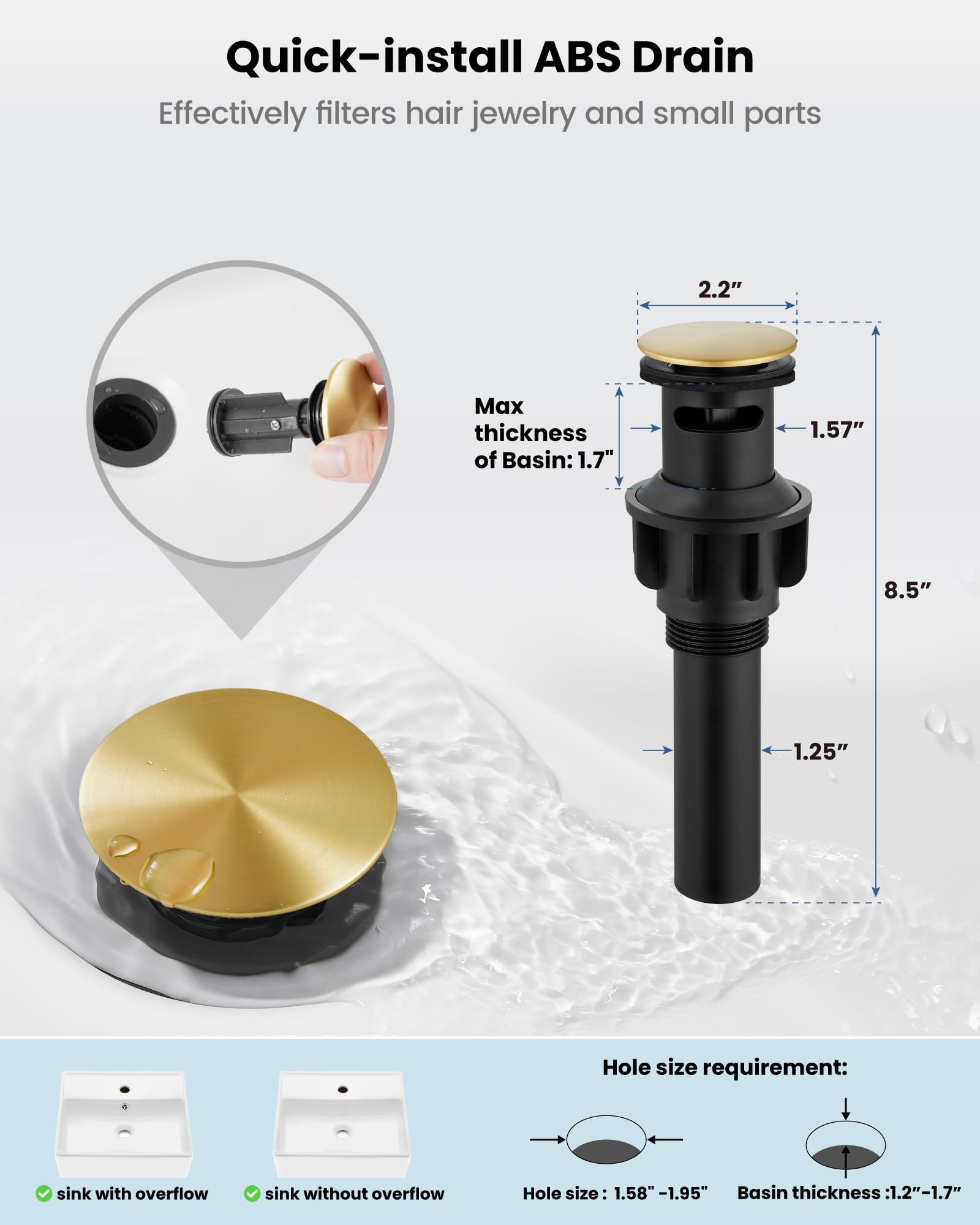 Airuida installation kit includes pop-up drain and supply lines for quick setup.