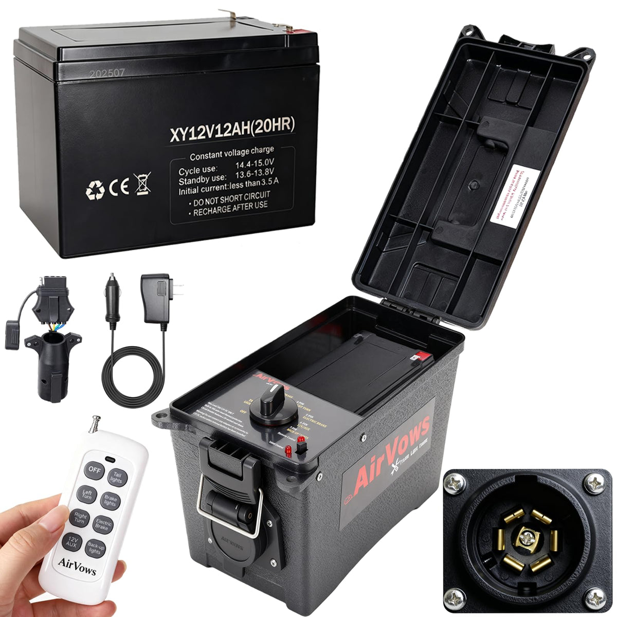 AirVows trailer light tester box front view showing compact design for easy testing.