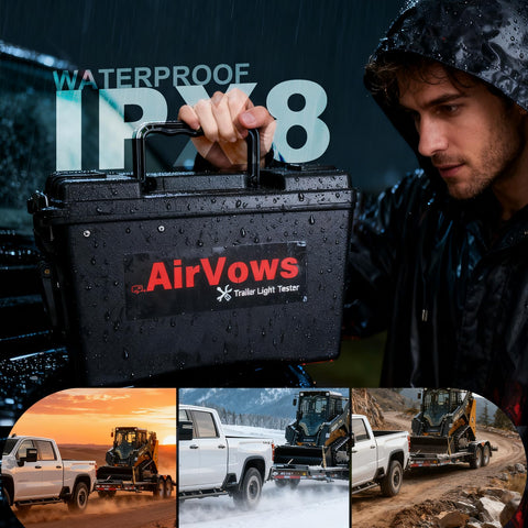 AirVows IPX8-case trailer tester protecting electronics in rain.