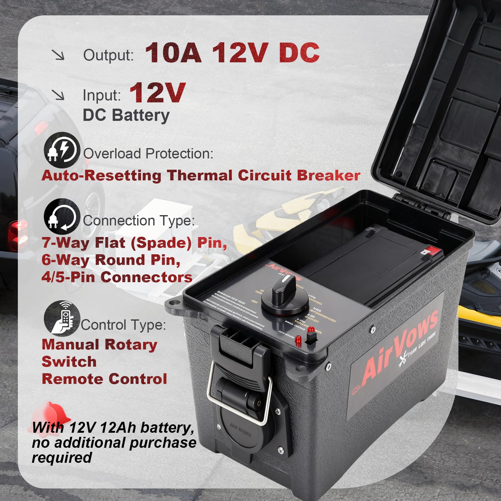 AirVows waterproof tester box with 12V battery and power cord in use.