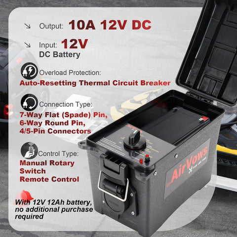 AirVows waterproof tester box with 12V battery and power cord in use.