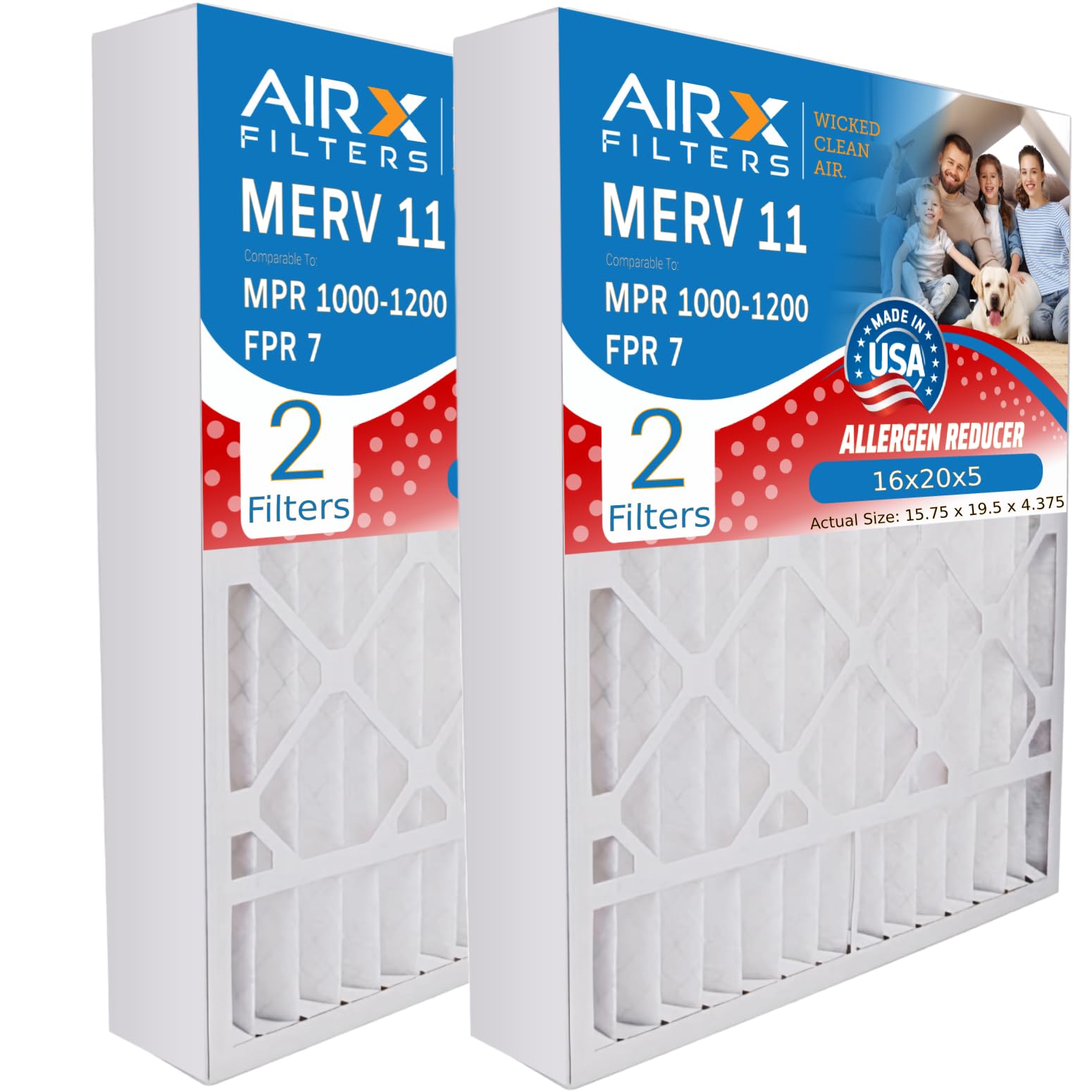 AIRx Filters Wicked Clean Air 16x20x5 filter front packaging with MERV 11 rating.