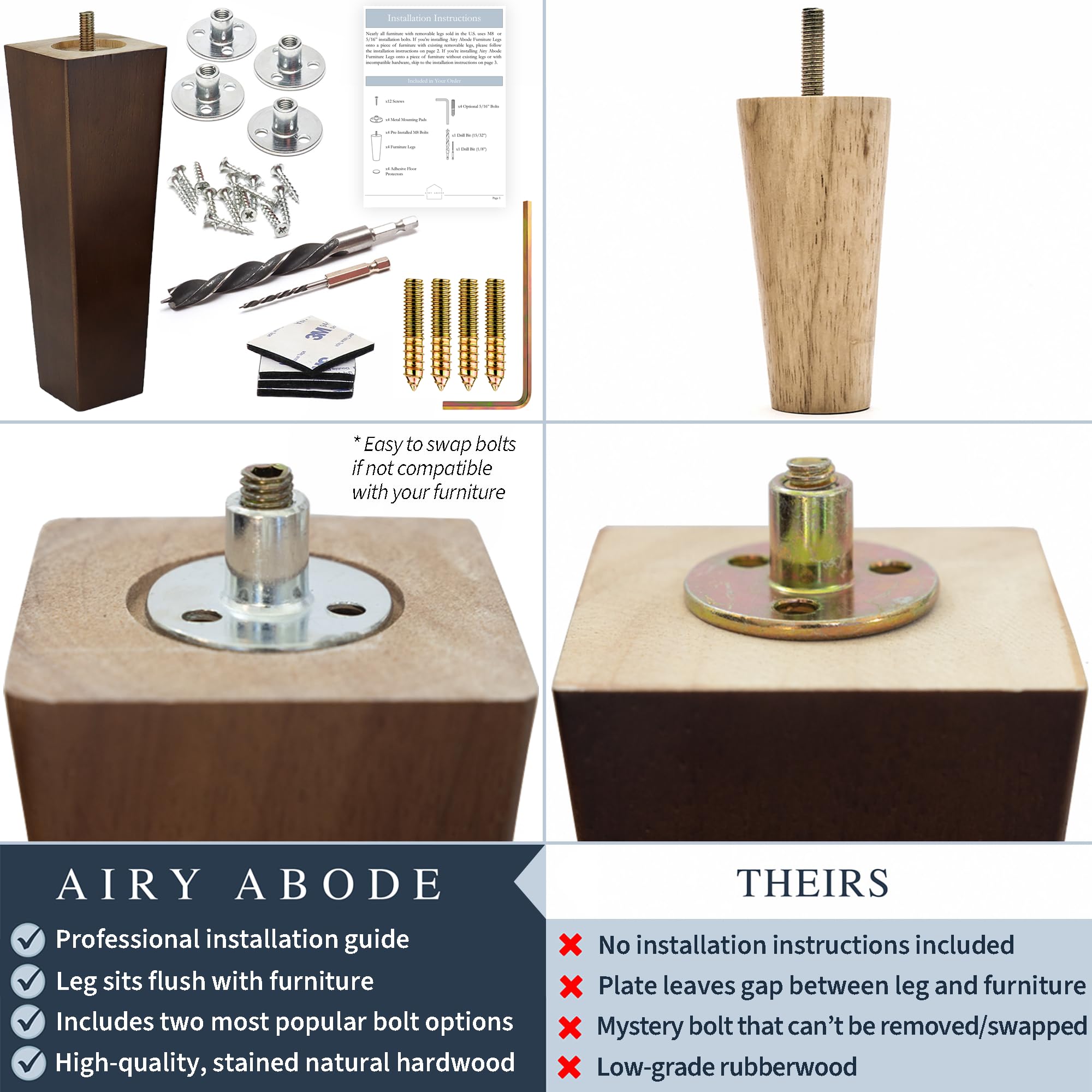 Airy Abode walnut square leg recessed bolt area detail for flush mounting