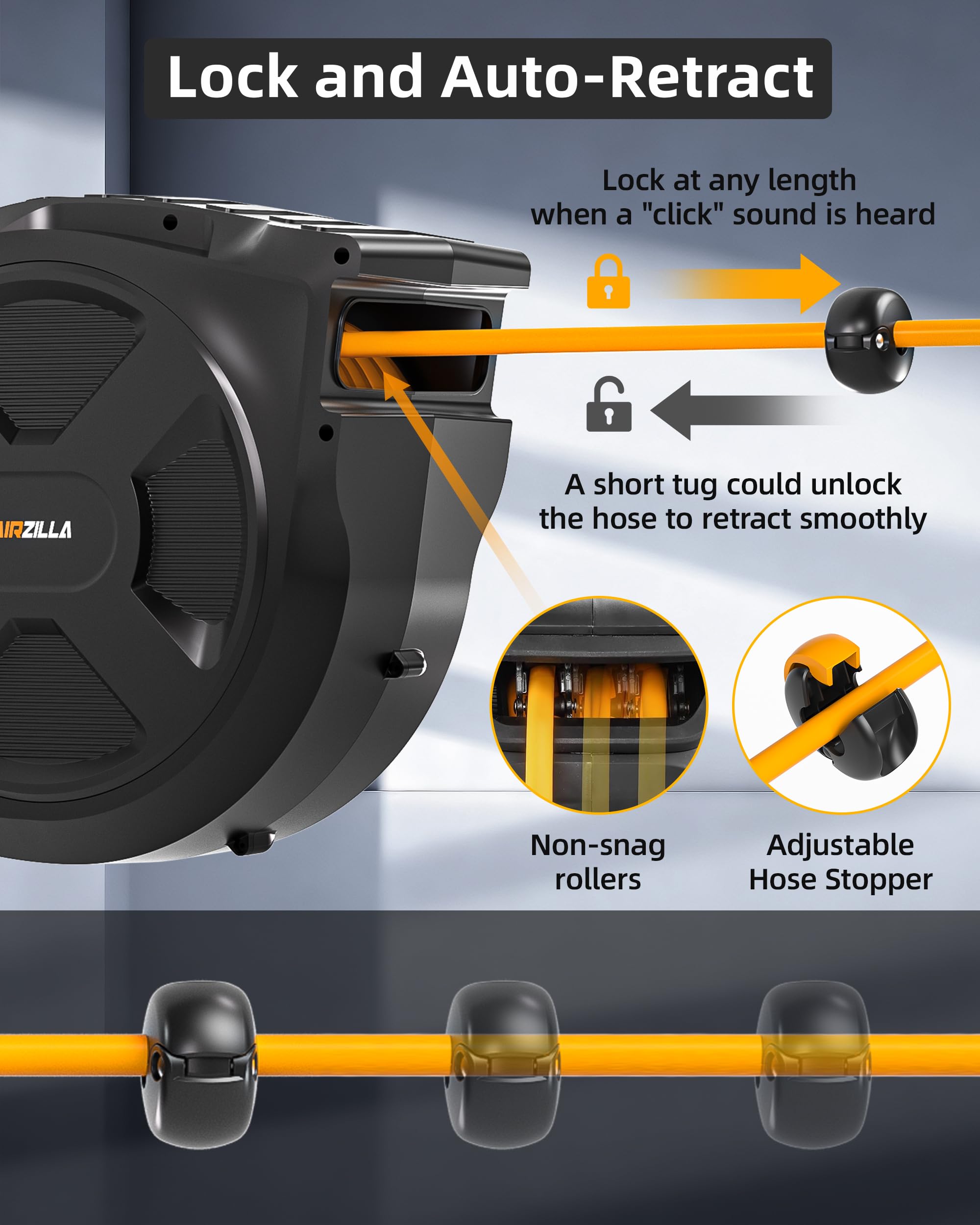 AIRZILLA 180 degree swivel mount provides flexible hose routing.