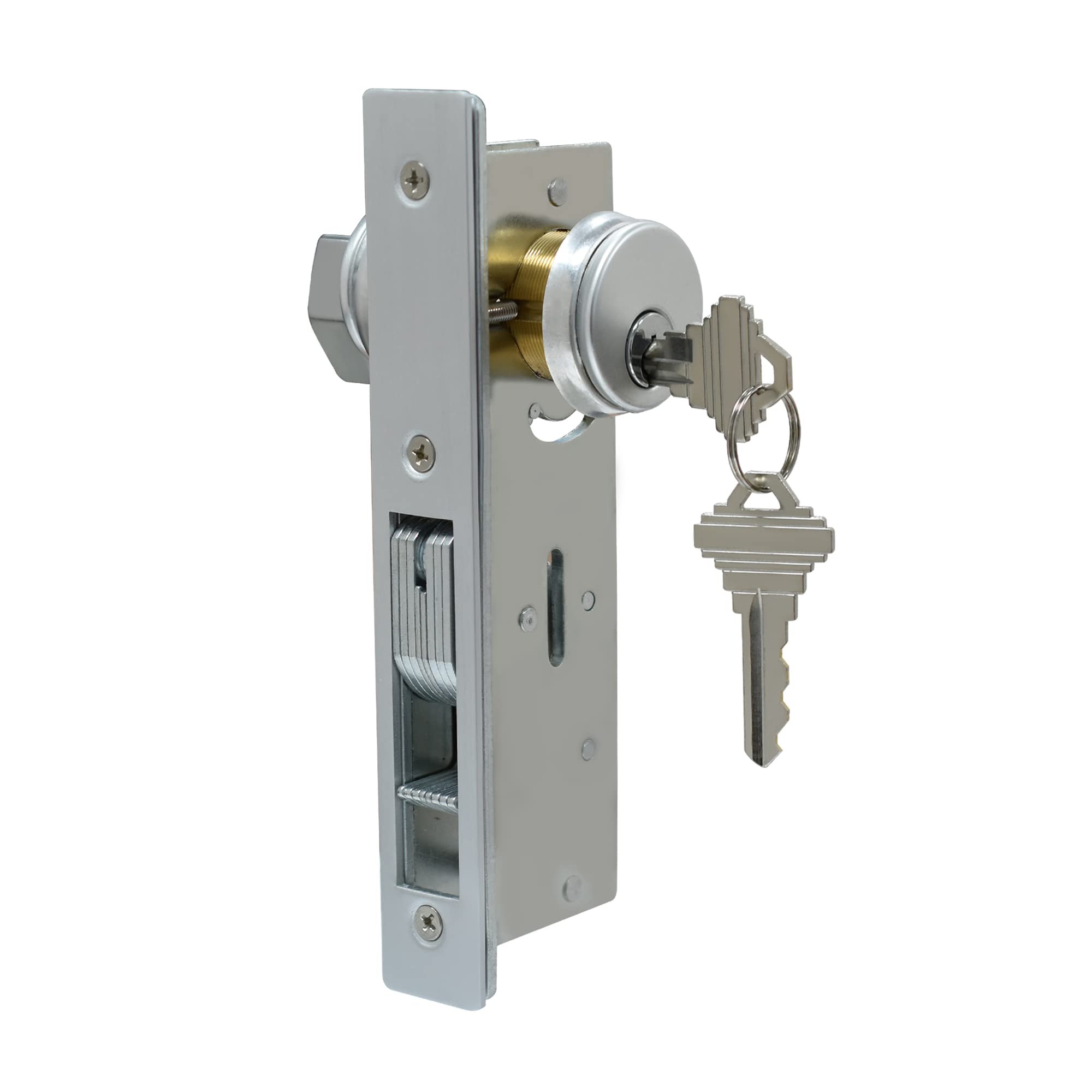 AIsecure silver faceplate – installation-ready mortise lock for shop doors.