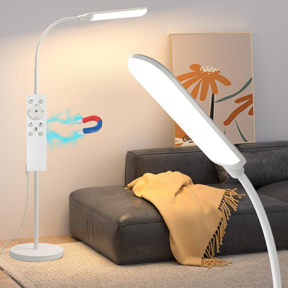 Aisutha LED floor lamp delivers bright illumination for large living spaces.