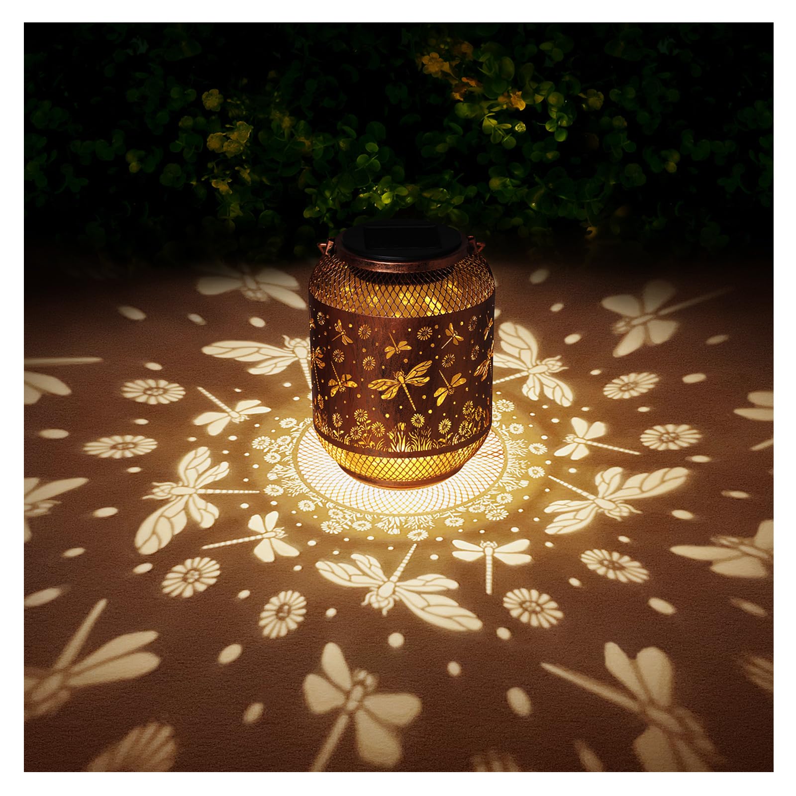 AITENISEN dragonfly lantern hanging glows warmly on a patio.