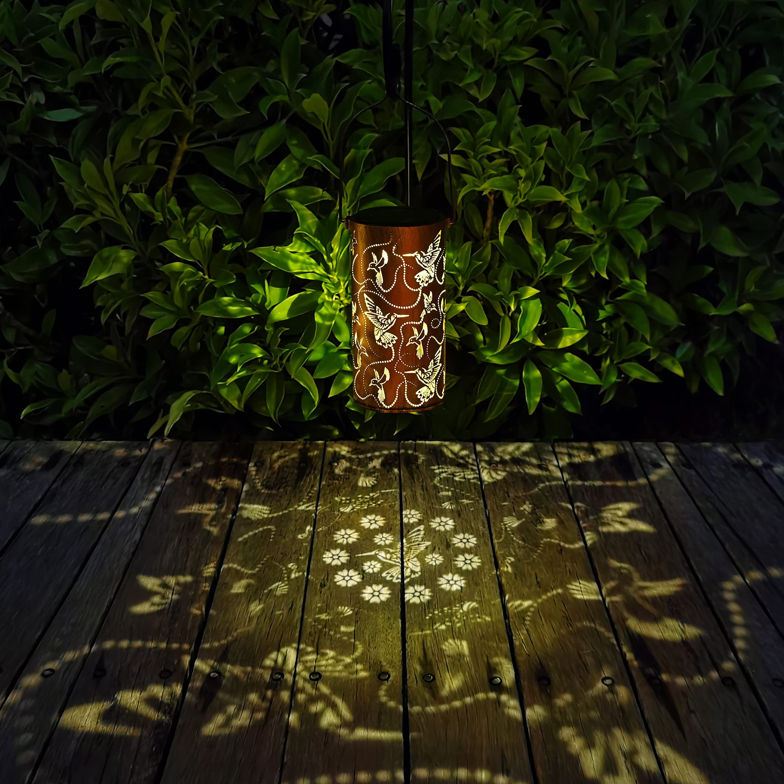 AITENISEN gold copper-tone lantern adds elegant ambience to yard decor.