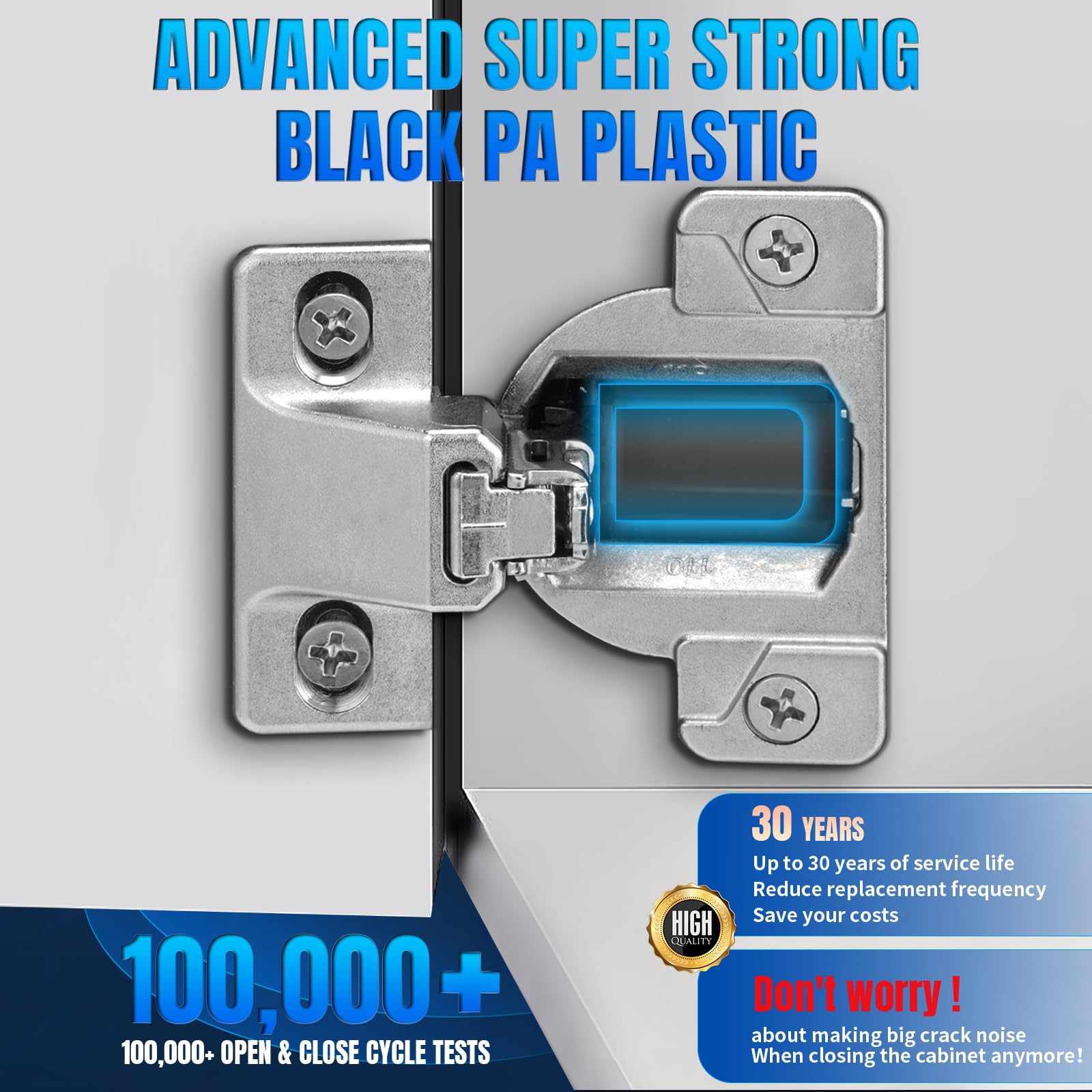 Installation-ready compact 33 hinge replacement for Blum systems.