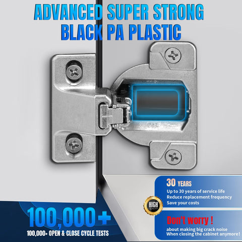 Installation-ready compact 33 hinge replacement for Blum systems.
