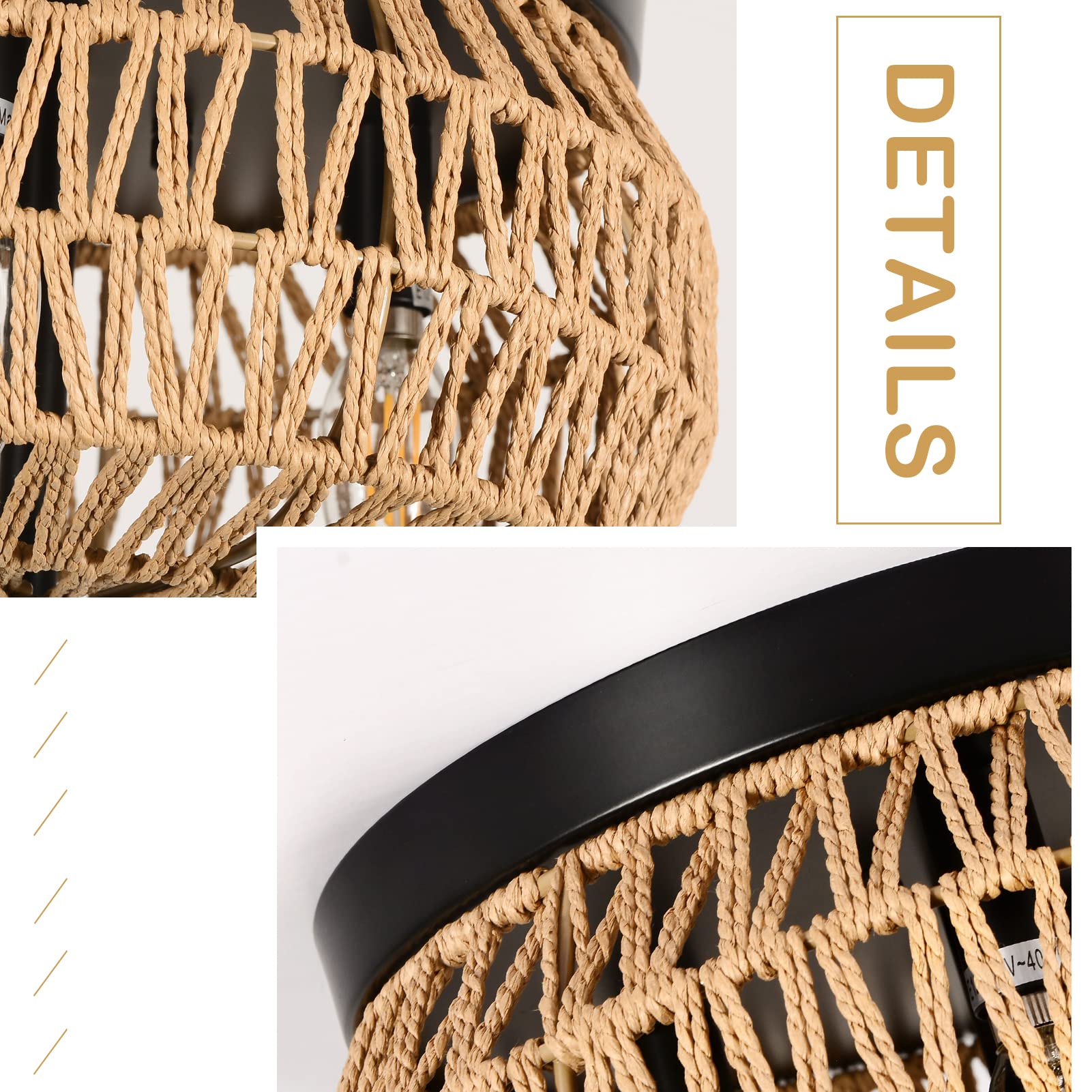 Aivvus 3-Lights Woven Rattan Flush Mount above a bedroom creates cozy, natural ambience.