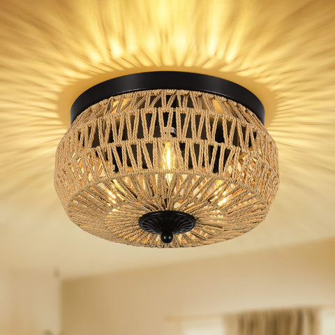 Aivvus 3-Lights Woven Rattan Flush Mount closeup shows hand-woven shade for warm ambient lighting.