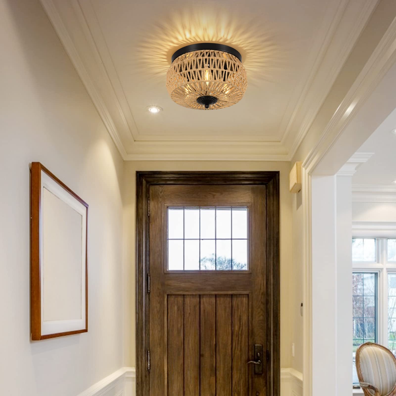 Aivvus 3-Lights Woven Rattan Flush Mount in foyer highlights natural textures.