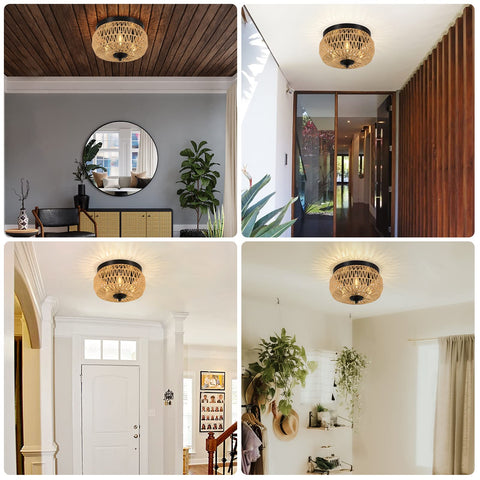 Aivvus 3-Lights Woven Rattan Flush Mount over kitchen island offers stylish task lighting.