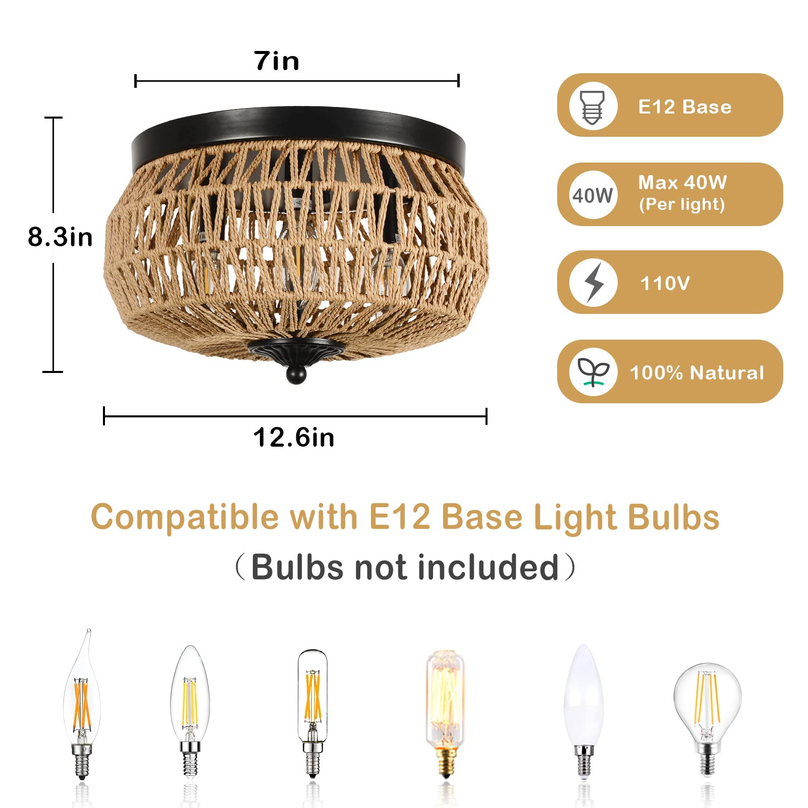 Aivvus 3-Lights Woven Rattan Flush Mount in living room provides soft 360° light.