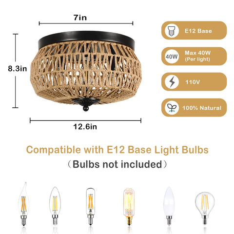 Aivvus 3-Lights Woven Rattan Flush Mount in living room provides soft 360° light.