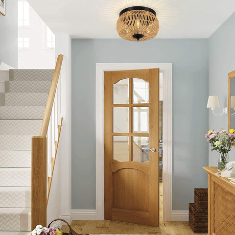 Aivvus 3-Lights Woven Rattan Flush Mount for porch adds weathered elegance.